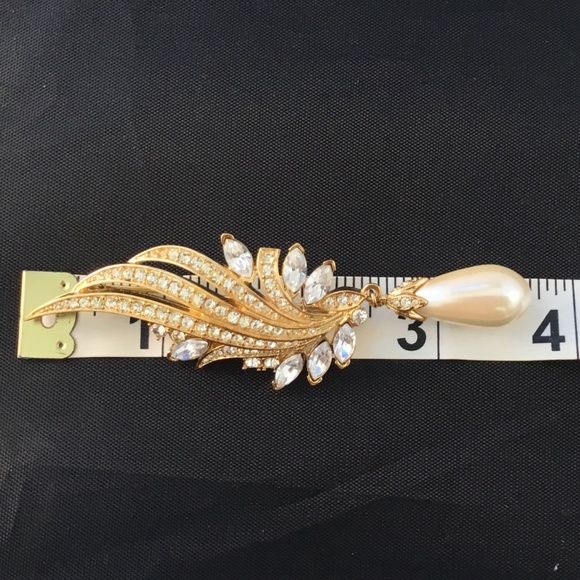 Womens Brooch Pin Gold Marquise and Round CZ Pearl - Picture 5 of 5